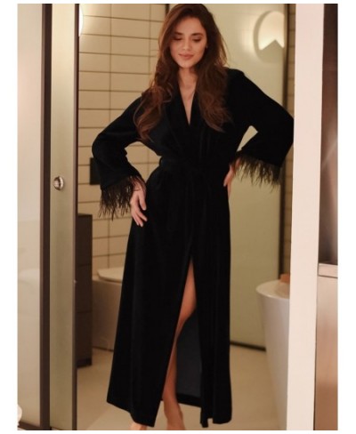 Black Feathers Robes For Women Knitted Velvet Long Sleeve V Neck Sleepwear Casual Bathrobe Female Autumn Woman Clothes $61.85...