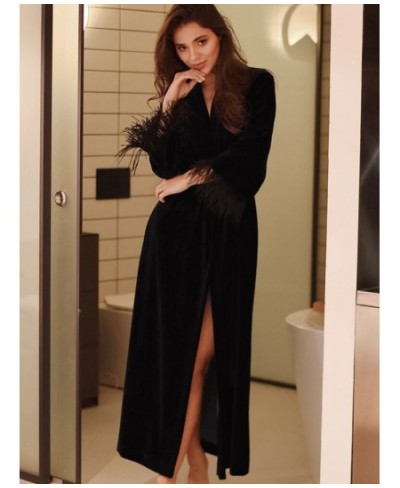 Black Feathers Robes For Women Knitted Velvet Long Sleeve V Neck Sleepwear Casual Bathrobe Female Autumn Woman Clothes $61.85...