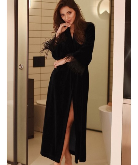 Black Feathers Robes For Women Knitted Velvet Long Sleeve V Neck Sleepwear Casual Bathrobe Female Autumn Woman Clothes $61.85...