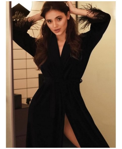 Black Feathers Robes For Women Knitted Velvet Long Sleeve V Neck Sleepwear Casual Bathrobe Female Autumn Woman Clothes $61.85...