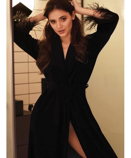 Black Feathers Robes For Women Knitted Velvet Long Sleeve V Neck Sleepwear Casual Bathrobe Female Autumn Woman Clothes $61.85...