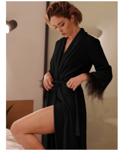 Black Feathers Robes For Women Knitted Velvet Long Sleeve V Neck Sleepwear Casual Bathrobe Female Autumn Woman Clothes $61.85...