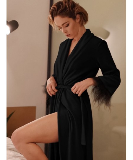 Black Feathers Robes For Women Knitted Velvet Long Sleeve V Neck Sleepwear Casual Bathrobe Female Autumn Woman Clothes $61.85...