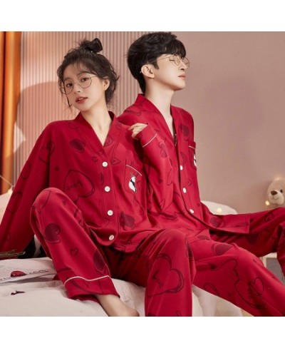 Spring Autumn Women's Casual Soft Sleepwear Homewear Couple Pajamas With Pants Cotton Panda Print Heart Marry Red Unisex $46....