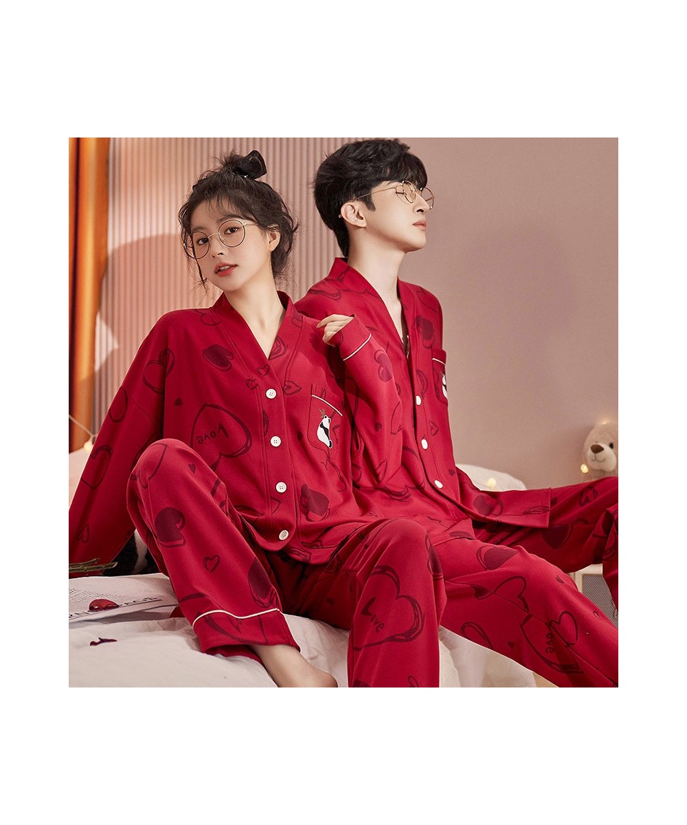 Spring Autumn Women's Casual Soft Sleepwear Homewear Couple Pajamas With Pants Cotton Panda Print Heart Marry Red Unisex $46....