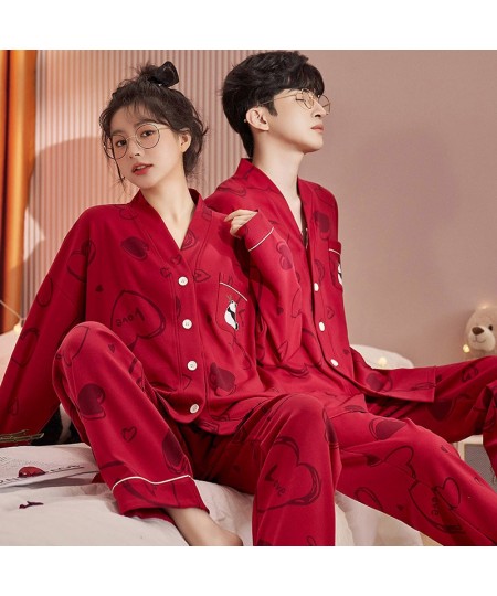 Spring Autumn Women's Casual Soft Sleepwear Homewear Couple Pajamas With Pants Cotton Panda Print Heart Marry Red Unisex $46....