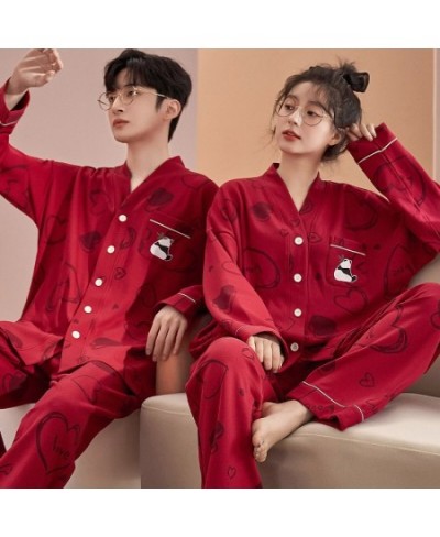 Spring Autumn Women's Casual Soft Sleepwear Homewear Couple Pajamas With Pants Cotton Panda Print Heart Marry Red Unisex $46....