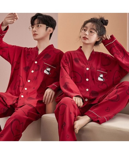 Spring Autumn Women's Casual Soft Sleepwear Homewear Couple Pajamas With Pants Cotton Panda Print Heart Marry Red Unisex $46....