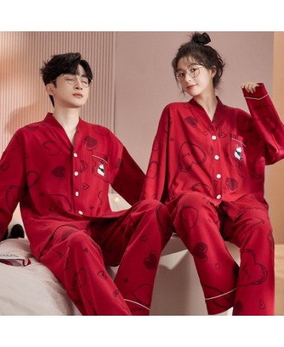 Spring Autumn Women's Casual Soft Sleepwear Homewear Couple Pajamas With Pants Cotton Panda Print Heart Marry Red Unisex $46....