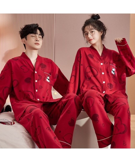 Spring Autumn Women's Casual Soft Sleepwear Homewear Couple Pajamas With Pants Cotton Panda Print Heart Marry Red Unisex $46....