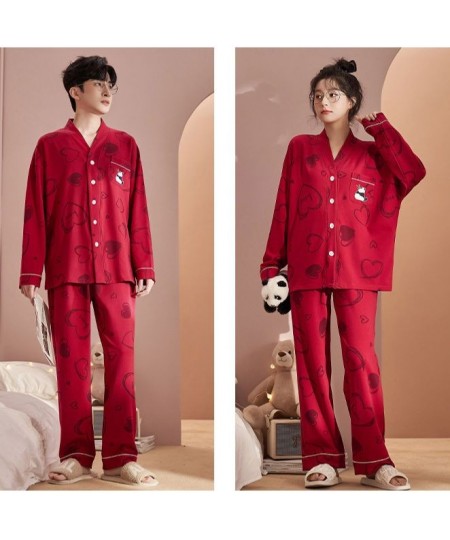 Spring Autumn Women's Casual Soft Sleepwear Homewear Couple Pajamas With Pants Cotton Panda Print Heart Marry Red Unisex $46....