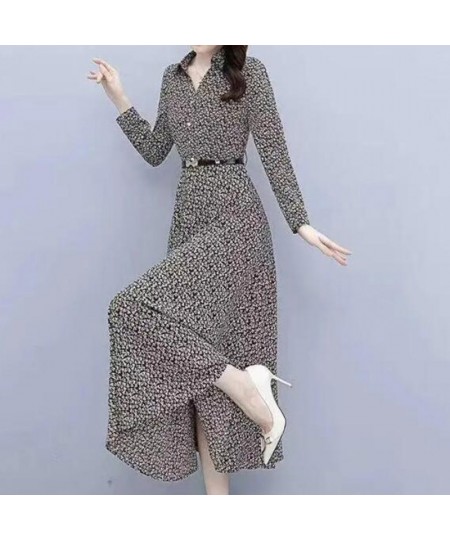 Broken Flowers Print Long Sleeve Spring Clothes Elegant Turn-down Collar Button Sashes Slim Mid-Calf Large Hem Dress for Wome...