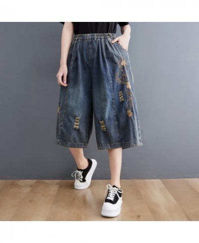 Vintage Embroidery Ripped Jeans Women Summer Elastic Waist Casual Loose Wide Leg Denim Pants s281 $52.49 - Jeans