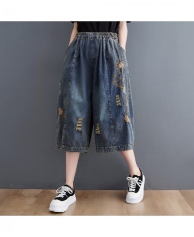 Vintage Embroidery Ripped Jeans Women Summer Elastic Waist Casual Loose Wide Leg Denim Pants s281 $52.49 - Jeans