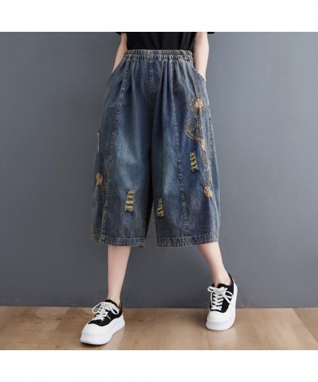 Vintage Embroidery Ripped Jeans Women Summer Elastic Waist Casual Loose Wide Leg Denim Pants s281 $52.49 - Jeans