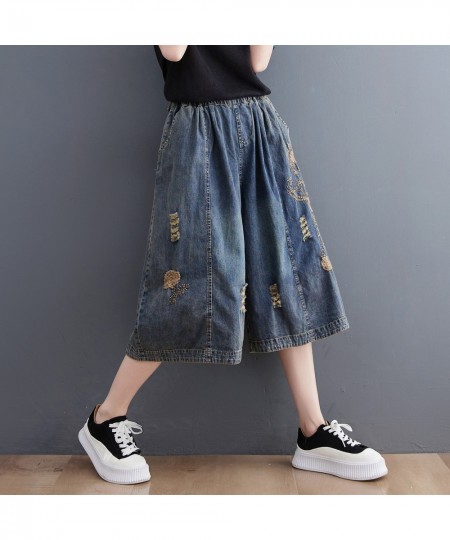 Vintage Embroidery Ripped Jeans Women Summer Elastic Waist Casual Loose Wide Leg Denim Pants s281 $52.49 - Jeans