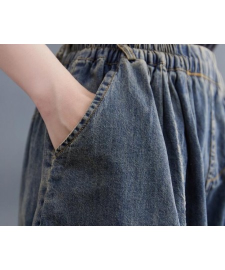 Vintage Embroidery Ripped Jeans Women Summer Elastic Waist Casual Loose Wide Leg Denim Pants s281 $52.49 - Jeans