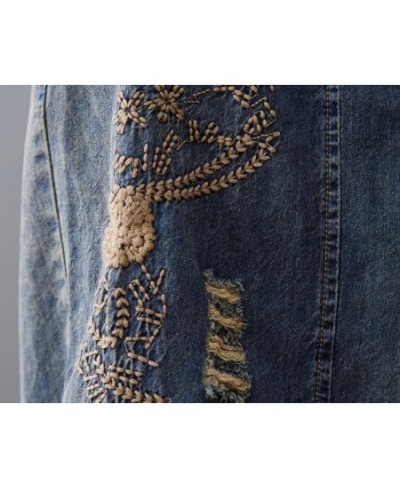 Vintage Embroidery Ripped Jeans Women Summer Elastic Waist Casual Loose Wide Leg Denim Pants s281 $52.49 - Jeans