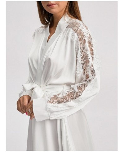 White Satin Gowns For Brides And Ladies Lace Spliced Sexy Robes For Women Bride Dresses Long Sleeve Robe Women's Dress $30.95...