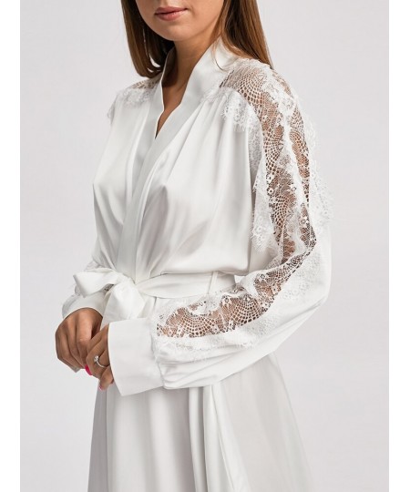 White Satin Gowns For Brides And Ladies Lace Spliced Sexy Robes For Women Bride Dresses Long Sleeve Robe Women's Dress $30.95...