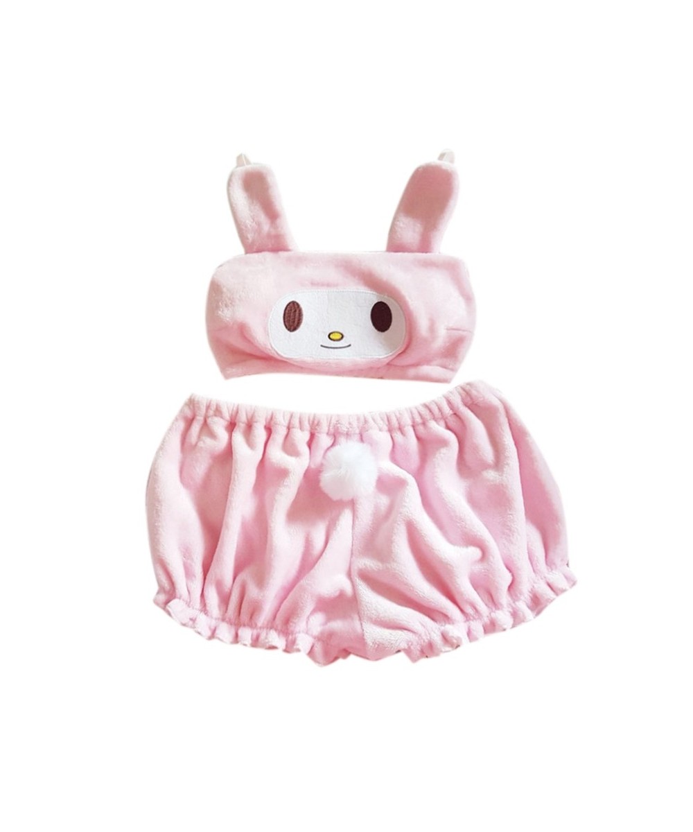 2022 New Women Kawaii Anime Plush Pajamas Set Sweet Bunny Ears Velvet Tube Top Bra Bloomers Shorts Sleepwear Cartoon Cosplay ...