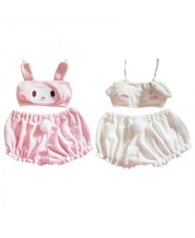 2022 New Women Kawaii Anime Plush Pajamas Set Sweet Bunny Ears Velvet Tube Top Bra Bloomers Shorts Sleepwear Cartoon Cosplay ...