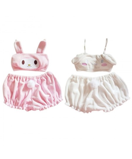 2022 New Women Kawaii Anime Plush Pajamas Set Sweet Bunny Ears Velvet Tube Top Bra Bloomers Shorts Sleepwear Cartoon Cosplay ...