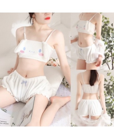 2022 New Women Kawaii Anime Plush Pajamas Set Sweet Bunny Ears Velvet Tube Top Bra Bloomers Shorts Sleepwear Cartoon Cosplay ...