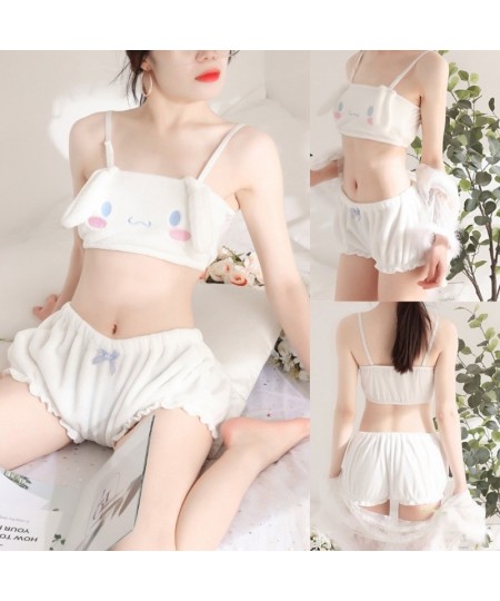 2022 New Women Kawaii Anime Plush Pajamas Set Sweet Bunny Ears Velvet Tube Top Bra Bloomers Shorts Sleepwear Cartoon Cosplay ...