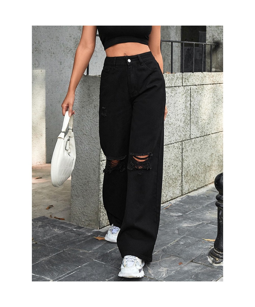 2023 Fall High Waist Straight Women's Ripped Jeans Women New Blue Denim Trousers Fashion Streetwear Wide Leg Baggy Pants Casu...