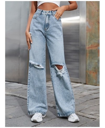 2023 Fall High Waist Straight Women's Ripped Jeans Women New Blue Denim Trousers Fashion Streetwear Wide Leg Baggy Pants Casu...