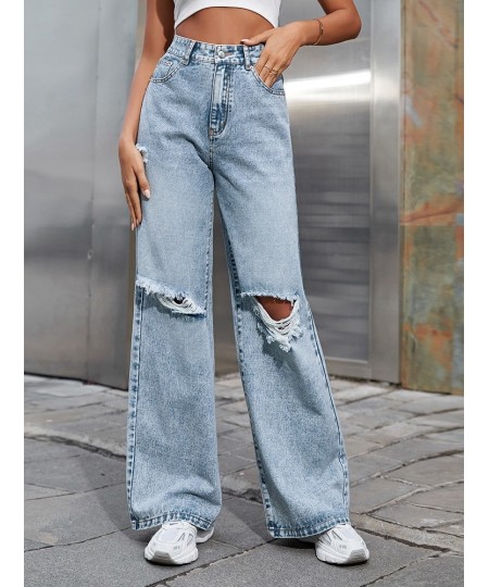 2023 Fall High Waist Straight Women's Ripped Jeans Women New Blue Denim Trousers Fashion Streetwear Wide Leg Baggy Pants Casu...