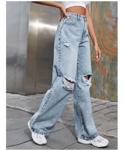 2023 Fall High Waist Straight Women's Ripped Jeans Women New Blue Denim Trousers Fashion Streetwear Wide Leg Baggy Pants Casu...