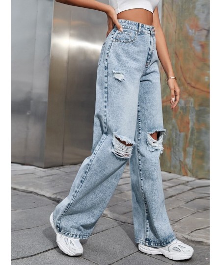 2023 Fall High Waist Straight Women's Ripped Jeans Women New Blue Denim Trousers Fashion Streetwear Wide Leg Baggy Pants Casu...