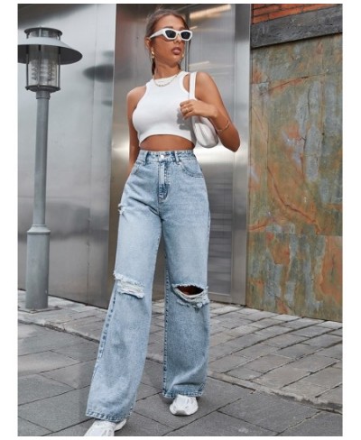 2023 Fall High Waist Straight Women's Ripped Jeans Women New Blue Denim Trousers Fashion Streetwear Wide Leg Baggy Pants Casu...