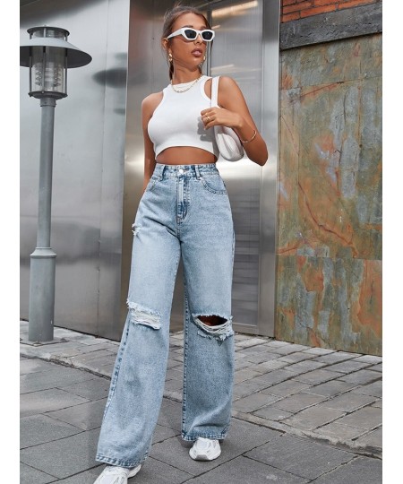 2023 Fall High Waist Straight Women's Ripped Jeans Women New Blue Denim Trousers Fashion Streetwear Wide Leg Baggy Pants Casu...