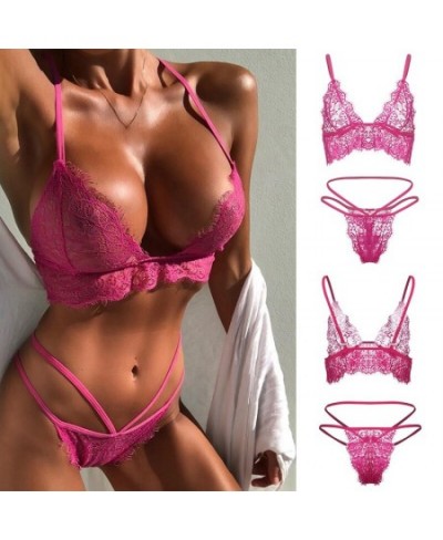 Rose Red Sexy Lingerie Set Women Lace Floral Deep V Neck Bra Hollow Out Thong Set Erotic Hot Sheer Intimates Sexy Bralette Se...