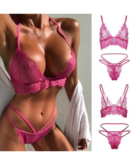 Rose Red Sexy Lingerie Set Women Lace Floral Deep V Neck Bra Hollow Out Thong Set Erotic Hot Sheer Intimates Sexy Bralette Se...