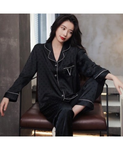 Women 2022 New Spring And Summer Pajama Set Thin Ice Silk Wave Dot Jacquard Long Sleeved Home Clothes $46.17 - Sleepwears