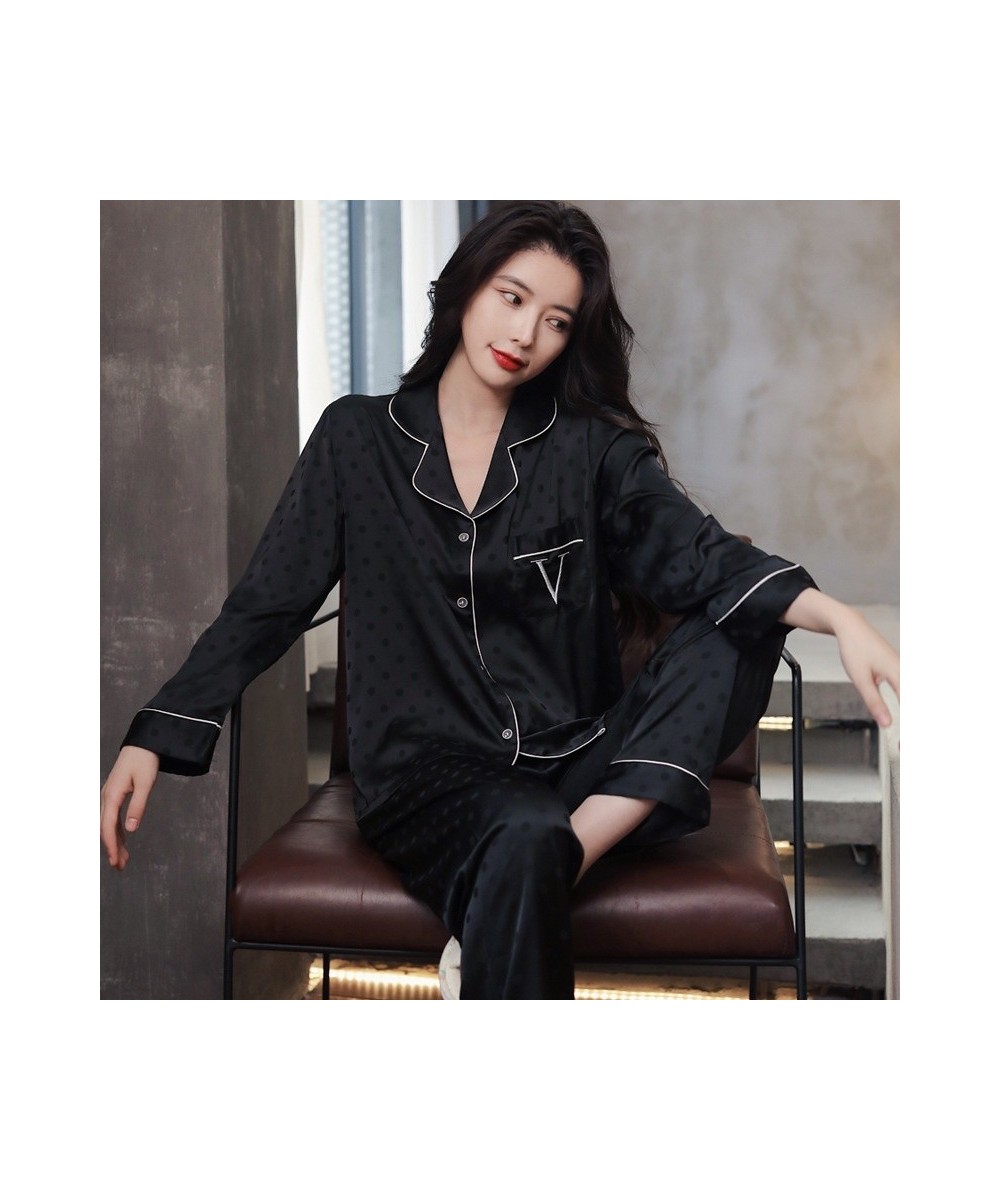 Women 2022 New Spring And Summer Pajama Set Thin Ice Silk Wave Dot Jacquard Long Sleeved Home Clothes $46.17 - Sleepwears