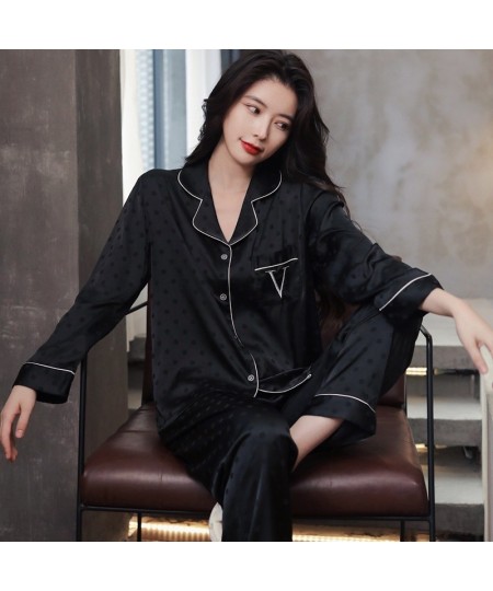 Women 2022 New Spring And Summer Pajama Set Thin Ice Silk Wave Dot Jacquard Long Sleeved Home Clothes $46.17 - Sleepwears