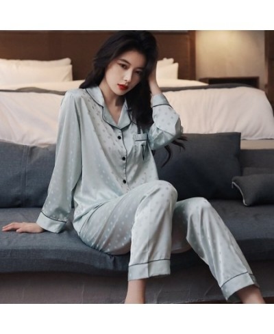 Women 2022 New Spring And Summer Pajama Set Thin Ice Silk Wave Dot Jacquard Long Sleeved Home Clothes $46.17 - Sleepwears