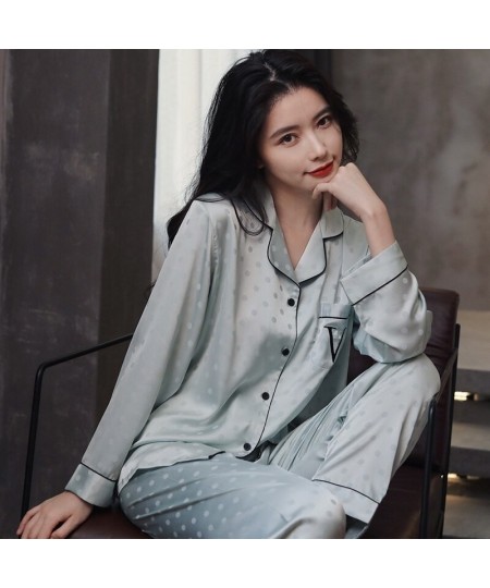 Women 2022 New Spring And Summer Pajama Set Thin Ice Silk Wave Dot Jacquard Long Sleeved Home Clothes $46.17 - Sleepwears