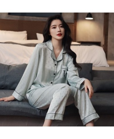 Women 2022 New Spring And Summer Pajama Set Thin Ice Silk Wave Dot Jacquard Long Sleeved Home Clothes $46.17 - Sleepwears