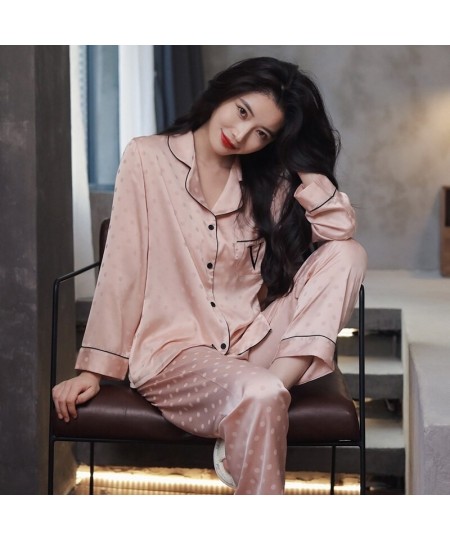 Women 2022 New Spring And Summer Pajama Set Thin Ice Silk Wave Dot Jacquard Long Sleeved Home Clothes $46.17 - Sleepwears