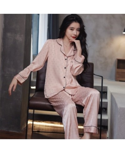 Women 2022 New Spring And Summer Pajama Set Thin Ice Silk Wave Dot Jacquard Long Sleeved Home Clothes $46.17 - Sleepwears