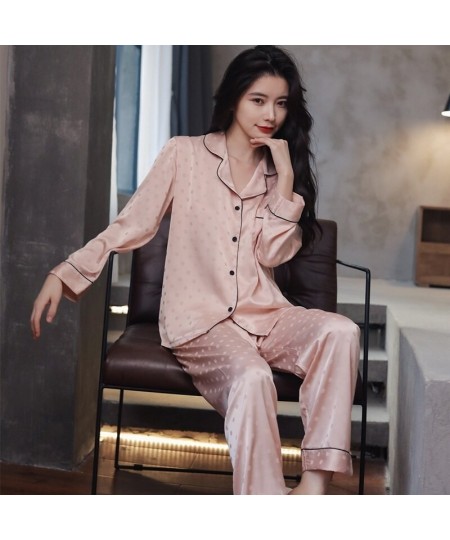 Women 2022 New Spring And Summer Pajama Set Thin Ice Silk Wave Dot Jacquard Long Sleeved Home Clothes $46.17 - Sleepwears