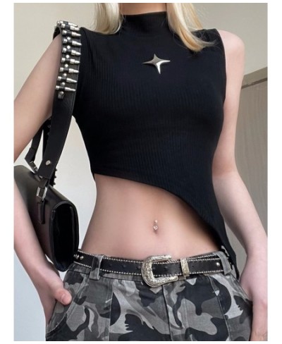 Dark Academia Rivet Patchwork Crop Tops Women Grunge Sleeveless Black Irregular Tank Top y2k Streetwear Punk Clothes $29.34 -...