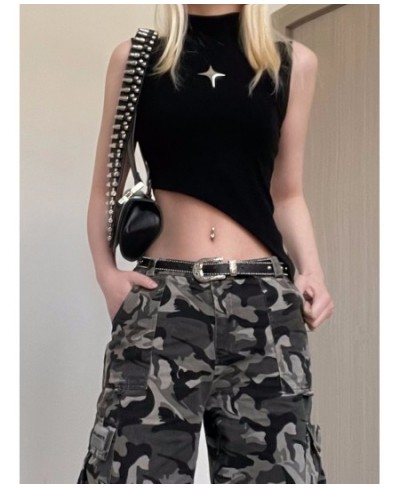 Dark Academia Rivet Patchwork Crop Tops Women Grunge Sleeveless Black Irregular Tank Top y2k Streetwear Punk Clothes $29.34 -...