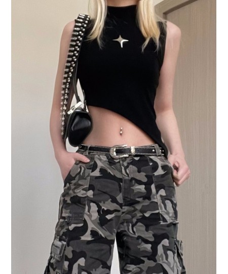 Dark Academia Rivet Patchwork Crop Tops Women Grunge Sleeveless Black Irregular Tank Top y2k Streetwear Punk Clothes $29.34 -...